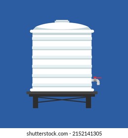 Water tank vector. Tap. free space for text. white water tank on blue background.