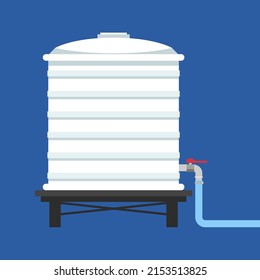 Water tank vector. Tap. free space for text. white water tank on blue background.