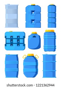 Water tanks. Set of various barrels in cartoon style. Tank and barrel, storage water drink, vector illustration