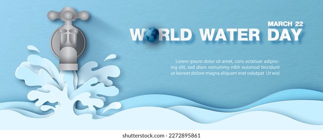 Water tap with blue layer of running water shape in papercut style and the day and name of event, example texts on blue paper pattern background. Poster's campaign of water day in vector design.