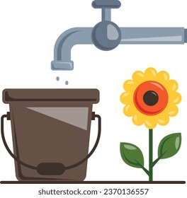 Water Tap, Bucket and Sunflower concepto de parque municipal, Florist Water cket Vector de diseño de icono Lawn and Gardening Símbolo, Farm and Plant Siging Agriculture and horticulture Material de ilustración