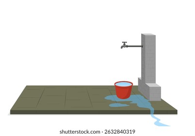 Water Tap with Bucket Vector Design, Cartoon Water Tap Illustration