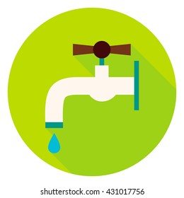 Water Tap Circle Icon. Flat Design Vector Illustration with Long Shadow. Watering Tool Symbol.