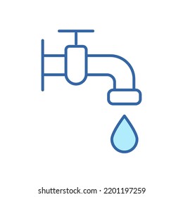 Water Tap with Classic Valve Linear Icon. Faucet and Drop of Water Color Line Pictogram. Bathroom Symbol for Environment, Public Service, Plumbing. Editable stroke. Vector Isolated Illustration.