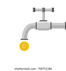  water tap with coins, bitcoin. vector illustration