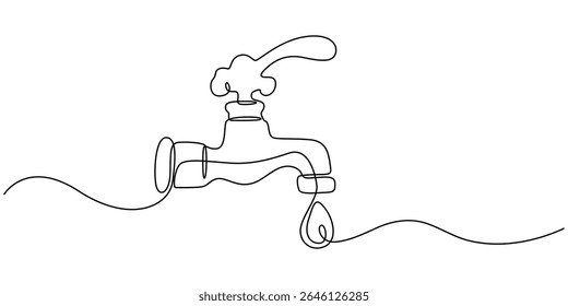 Water Tap continuous one line drawing minimalism design, Single line drawing of faucet with water drop, Water Shortage Continuous Line Editable Stroke Line
