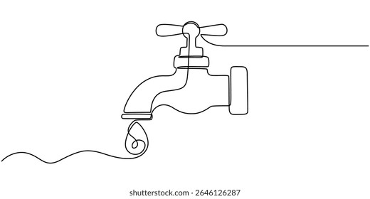 Water Tap continuous one line drawing minimalism design, Single line drawing of faucet with water drop, Water Shortage Continuous Line Editable Stroke Line