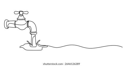 Water Tap continuous one line drawing minimalism design, Single line drawing of faucet with water drop, Water Shortage Continuous Line Editable Stroke Line