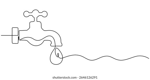 Water Tap continuous one line drawing minimalism design, Single line drawing of faucet with water drop, Water Shortage Continuous Line Editable Stroke Line