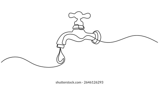 Water Tap continuous one line drawing minimalism design, Single line drawing of faucet with water drop, Water Shortage Continuous Line Editable Stroke Line