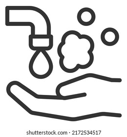 Water From The Tap Dripping On The Hand, Soap Foam Rose - Vector Sign, Web Icon, Illustration On A White Background, Outline Style