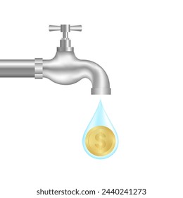 Water Tap with Water Drop and Coin. Saving and Investment Concept. Vector Illustration.