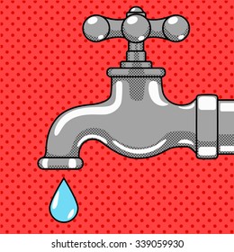Water tap with drop comic book pop art style vector illustration