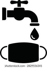 Water tap with a water drop dripping over a protective face mask, symbolizing hygiene, safety, or health measures, isolated on a white background.