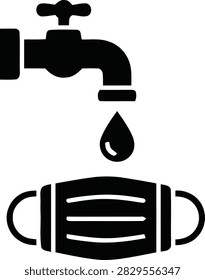 Water tap with a water drop dripping over a pleated protective face mask, symbolizing hygiene, safety, or health measures, isolated on a white background.