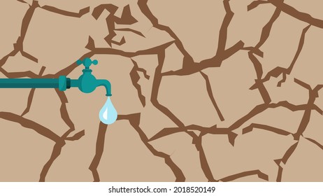 Water tap with drop in dry cracked land soil. Soil erosion, desertification, drought, water shortage concepts.