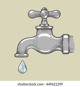 Water tap with drop engraving style vector illustration
