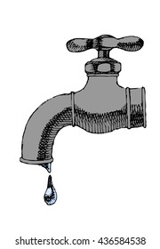 Water tap with water drop. Hand drawn vector stock illustration. Isolated on white