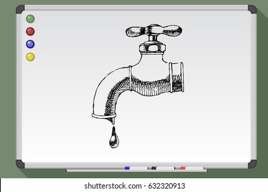 Water tap with water drop. Hand drawn vector stock illustration. Isolated on whiteboard