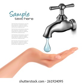 Water tap with drop and hand. Vector illustration.