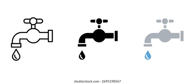 Grifo de agua con el icono de la gota fijado Vector sobre fondo blanco. grifo, plomería, fuga, símbolo.