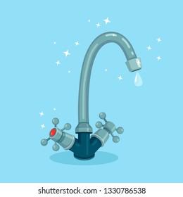 Water tap with drop isolated on background. Faucet drip, leak. Save environment concept. Vector cartoon design