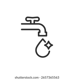 Water tap with drop, linear icon. Resource conservation and water use. Line with editable stroke.