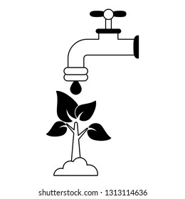 water tap dropping water in tree in black and white