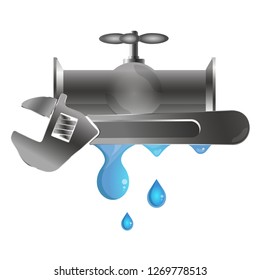 Water tap with water drops and spanner. Plumbing repair symbol