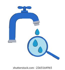 Water tap and water drops under magnifying glass. Water analysis, quality test. Vector illustration isolated on white background