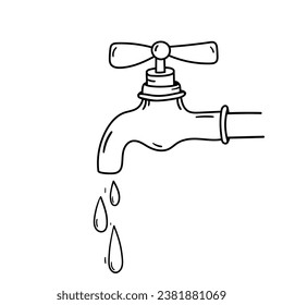 Water tap with drops vector icon in doodle style. Symbol in simple design. Cartoon object hand drawn isolated on white background.