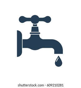 Water tap with falling drop. Black icon isolated on white background. Vector illustration flat design. Classical old valve.