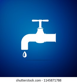 Water tap with a falling water drop icon isolated on blue background. Flat design. Vector Illustration