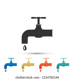 Water tap with a falling water drop icon isolated on white background. Set elements in colored icons. Flat design. Vector Illustration