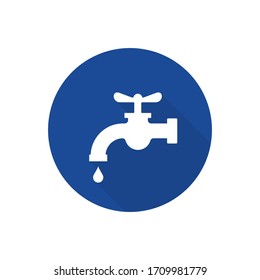 Water tap with falling drop icon isolated on circle button. Vector water crane illustration flat design.