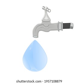 Water tap with falling drop isolated on white background. Drop of pure water coming out of faucet. Water leakage. Save water save the world. Environment concept. Plumbing services. Vector illustration