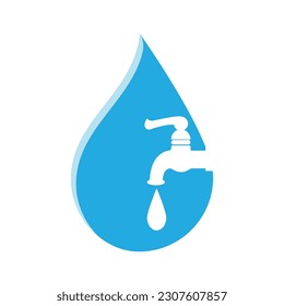 Water tap with falling drop isolated on white background. Water faucet in cartoon flat style.