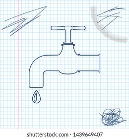 Water tap with a falling water drop line sketch icon isolated on white background. Vector Illustration