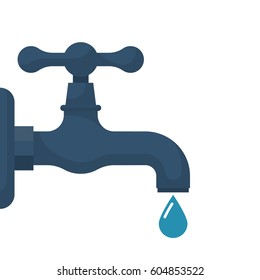 Water tap with falling drop. Vector illustration flat design. Isolated on white background. Classical old valve.