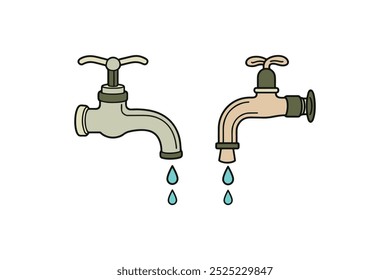 Wasserhahn mit fallender Tropfengrafik, einzelne Vektorgrafik auf weißem Hintergrund, perfekt für Sanitär-, Konservierungs- und Umweltkonzepte