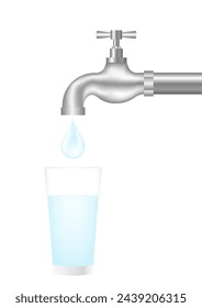 Water Tap or Faucet with Water Drop Dripping into the Glass. Clean Water Concept. Vector Illustration Isolated on White Background. 