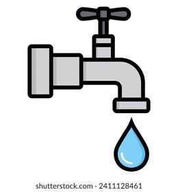 Grifo de agua con gota. Golpe plano con goteo de tubería. Girar el pico del flujo. Icono vector para casa, economía y baño. Aislado sobre fondo blanco.