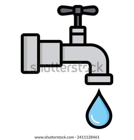 Water tap faucet with drop. Flat tap with pipe drip. Turn spigot of flow. Vector Icon for house, economize and bathroom. Isolated on white background.
