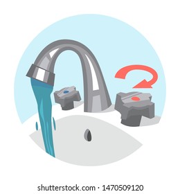 Water tap. Flow of the fresh liquid from the faucet. Stream of the pure water. Isolated vector illustration in cartoon style