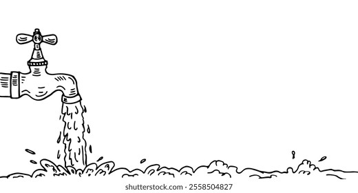 Water tap with water flowing from it, cartoon doodle illustration background.