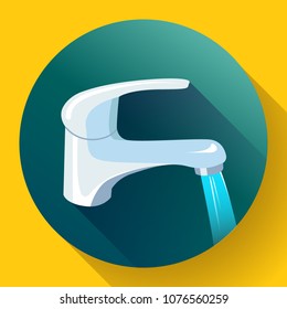 Water tap with flowing water. Metal water faucet icon, faucet water vector