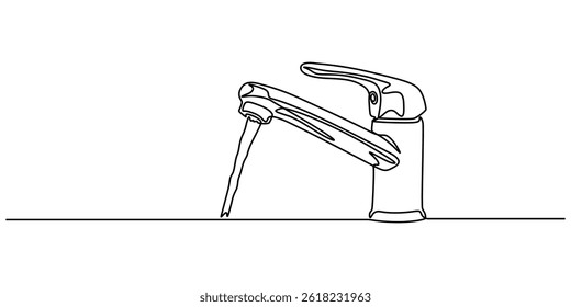 Water tap with flowing water in one line art style. Minimalist illustration for plumbing, water conservation, and environmental topics, Continuous one line drawing of water faucet. One line drawing.