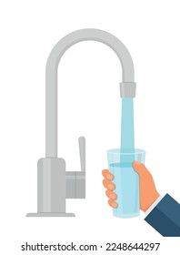 Water tap with glass. Filling cup beverage. Vector illustration. Eps 10.