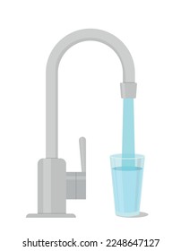 Water tap with glass. Filling cup beverage. Vector illustration. Eps 10.