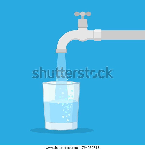Water tap with glass. Filling cup beverage.  Vector\
illustration. Eps 10.
